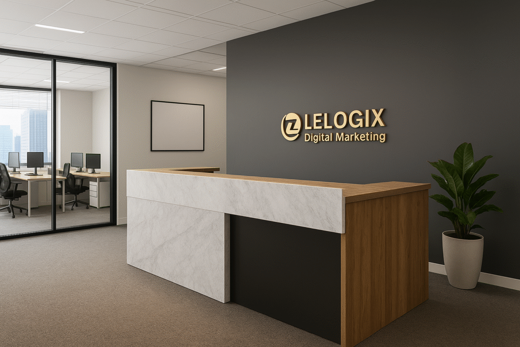 Modern office reception of LeLogix Digital Marketing Institute in Greater Noida, offering professional digital marketing training and online marketing services.