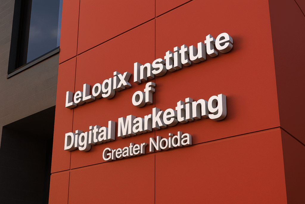Exterior signage of LeLogix Digital Marketing Institute in Greater Noida offering digital marketing training, SEO, PPC, SMM, SMO, website design, and digital marketing services.