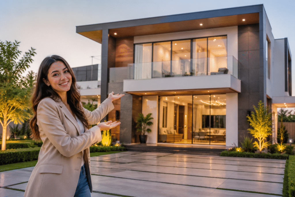 Real estate agent showcasing a modern property, highlighting how digital marketing helps property dealers, real estate agents, and real estate companies generate quality leads and increase property sales.