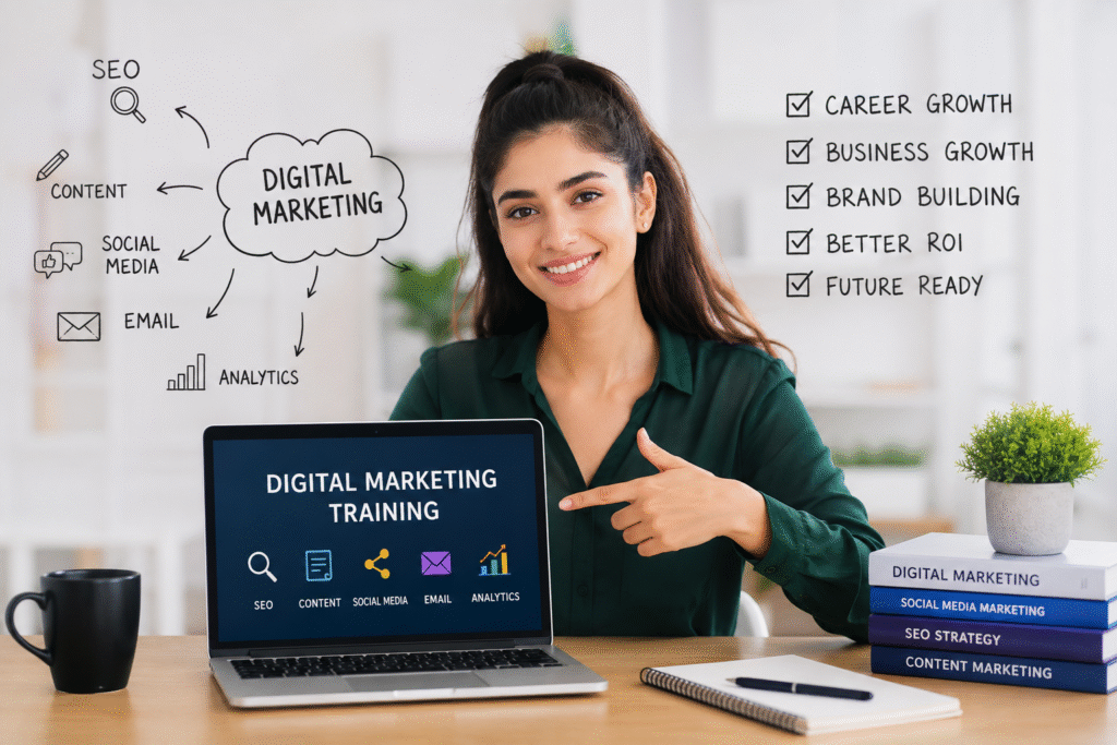 Professional learning digital marketing training with SEO, social media, content marketing, email marketing, and analytics to build a successful career and grow businesses online.