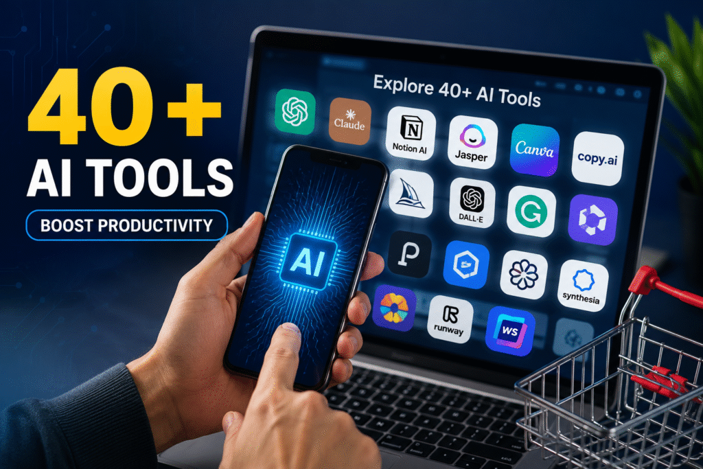 40+ AI Tools course at LeLogix Digital in Greater Noida covering ChatGPT, Claude, Canva AI, Notion AI, Jasper AI, Copy.ai, Runway, Synthesia, and AI productivity tools for digital marketing.