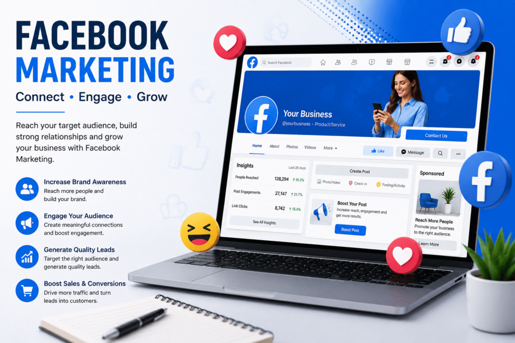 Facebook marketing dashboard showing business page management, audience engagement, lead generation, and Meta marketing training at LeLogix Institute in Greater Noida.