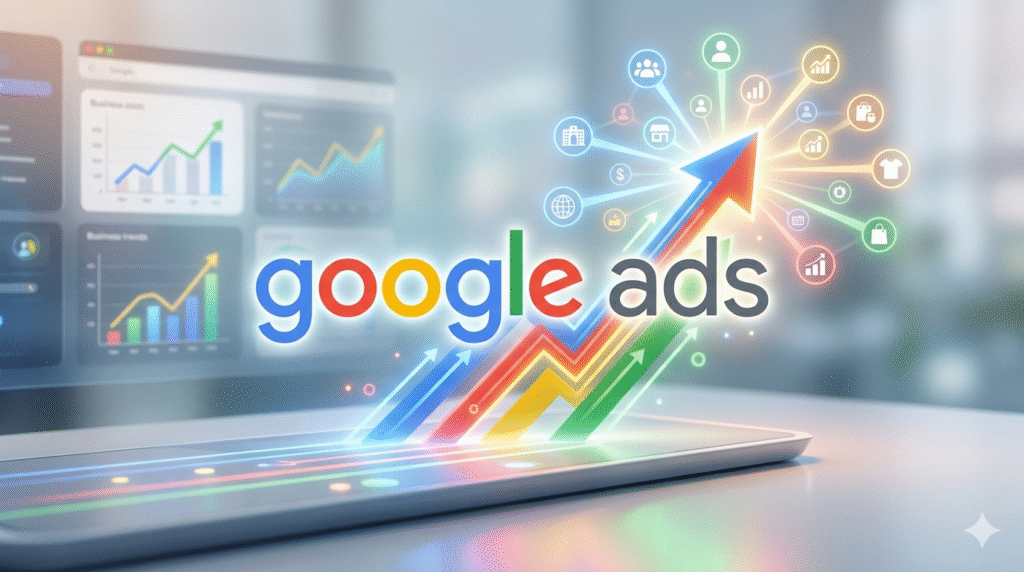 Google Ads course at LeLogix Digital in Greater Noida covering Search Ads, Display Ads, Video Ads, Shopping Ads, Performance Max, keyword targeting, bidding strategies, and campaign optimization.