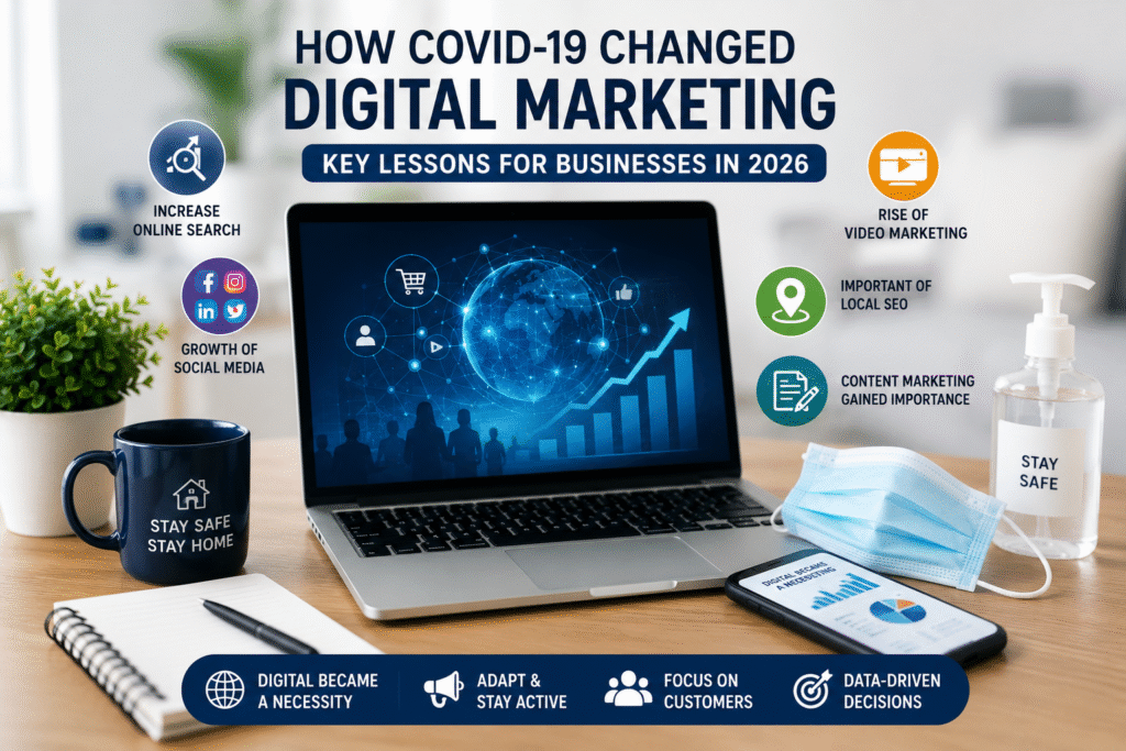 Infographic explaining how COVID-19 transformed digital marketing through increased online search, video marketing, local SEO, content marketing, social media growth, and data-driven business strategies.