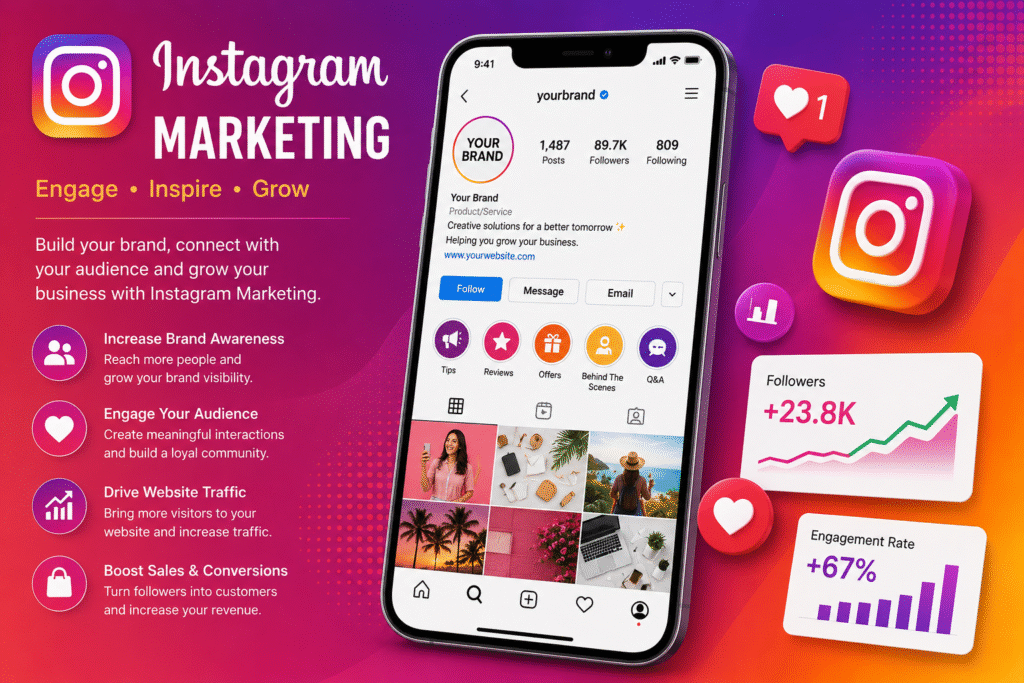Instagram marketing dashboard showing business profile optimization, audience engagement, content strategy, follower growth, and social media marketing training at LeLogix Institute in Greater Noida.