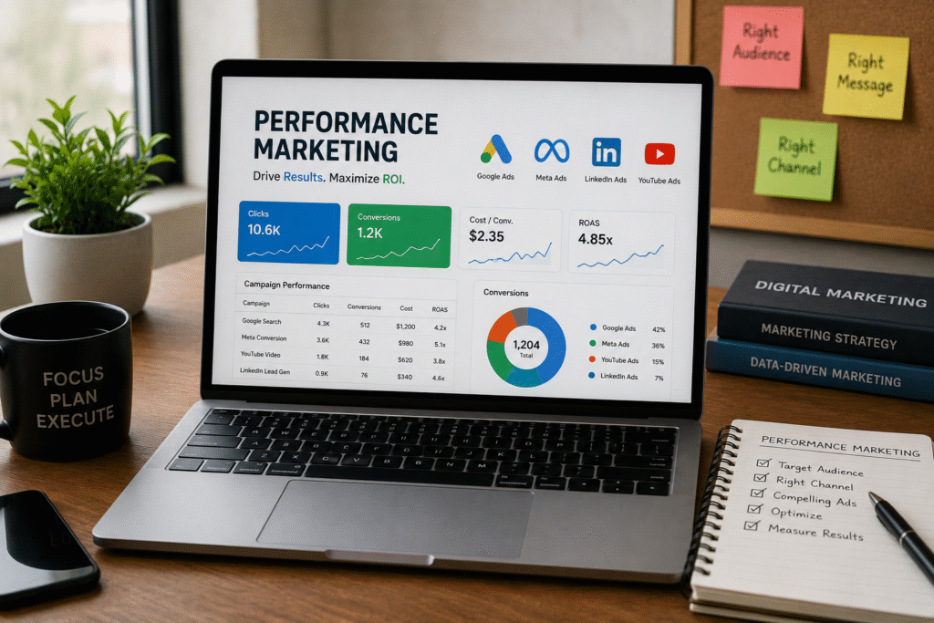 Performance Marketing Course in Greater Noida | LeLogix Performance marketing dashboard showing Google Ads, Meta Ads, LinkedIn Ads, YouTube Ads, campaign analytics, and ROI metrics taught at LeLogix Institute in Greater Noida.