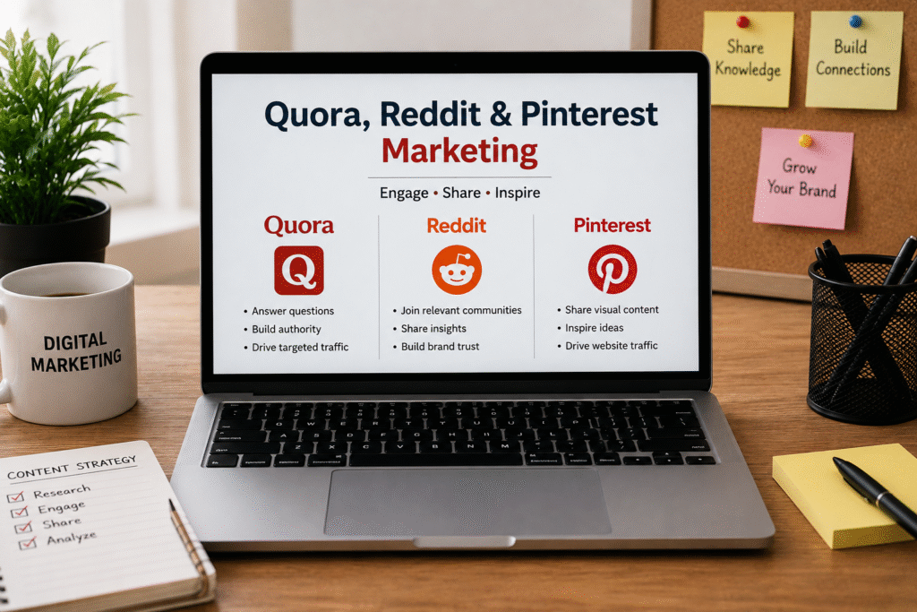 Quora, Reddit and Pinterest Marketing course at LeLogix Digital in Greater Noida covering community marketing, content promotion, brand awareness, traffic generation, audience engagement, and social bookmarking.