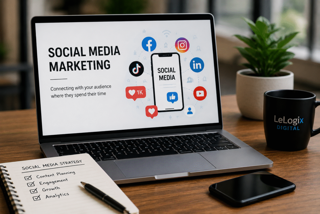Social Media Marketing course at LeLogix Digital in Greater Noida covering Facebook Marketing, Instagram Marketing, LinkedIn Marketing, YouTube Marketing, content strategy, social media advertising, and analytics.