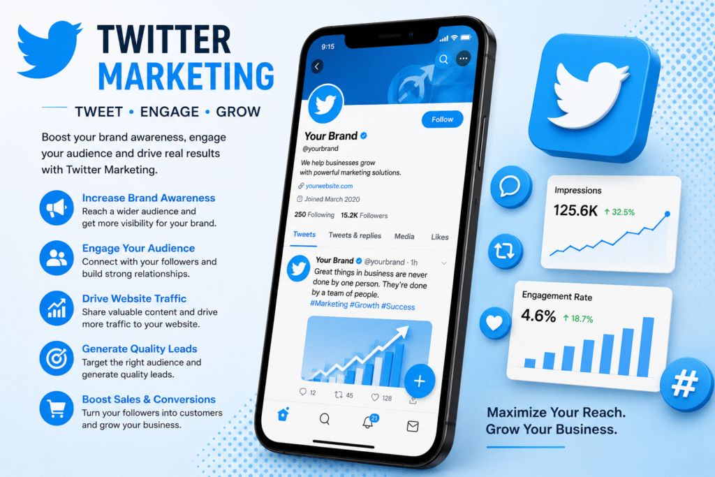 Twitter (X) marketing dashboard showing brand promotion, audience engagement, lead generation, website traffic, and social media marketing training at LeLogix Institute in Greater Noida.